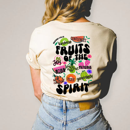 Fruit of the Spirit shirt with a pocket design and Back design on a Soft Cream Bella Canvas shirt