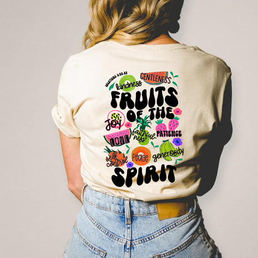 Fruit of the Spirit shirt with a pocket design and Back design on a Soft Cream Bella Canvas shirt